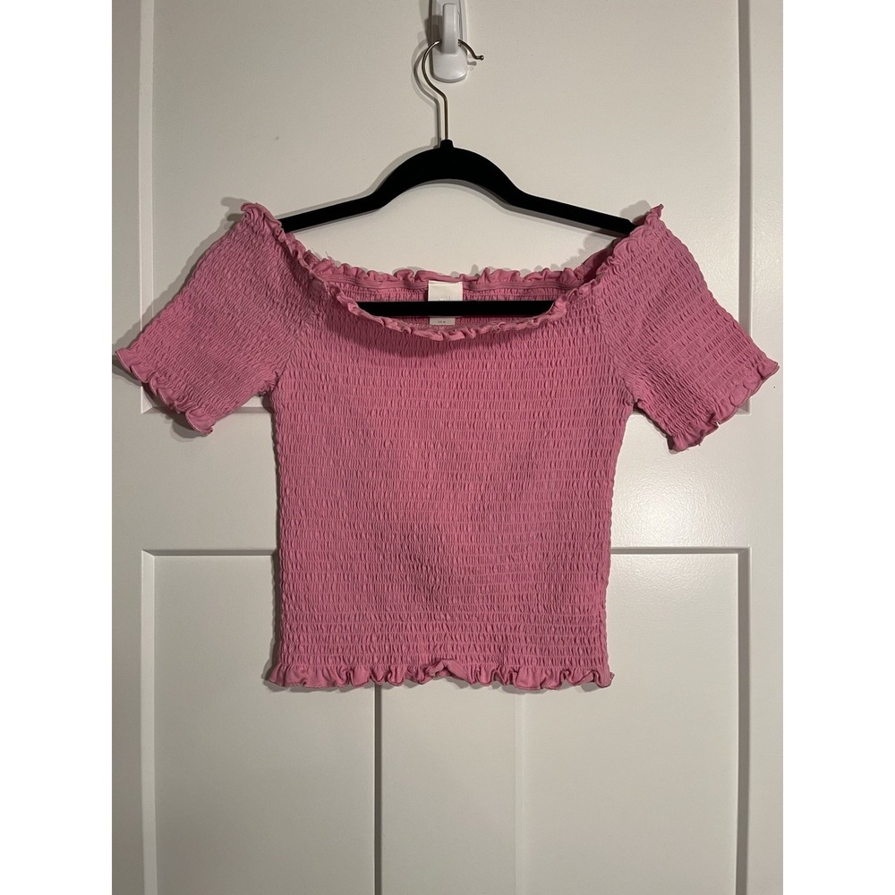H&M Womens Medium Pink Smocked Off Shoulder Crop Top Short Sleeve Ruffle